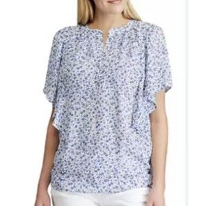 Chaps Flutter Sleeve Blue Floral Blouse Womens Medium